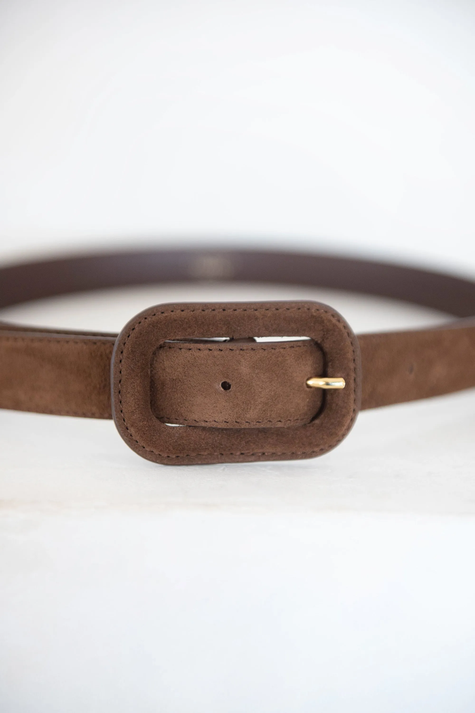 Wide Covered Buckle Suede Belt, Brown