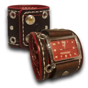 Wide Dark Brown and Red Leather Cuff Watch with Snaps