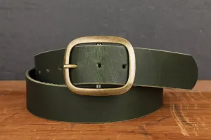 Wide Dark Green Leather Belt with Brass Buckle - Minimalist Design, Easy Buckle Switch with Snap Closure in Water Buffalo