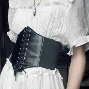 Wide Genuine Leather Elastic Body Shaper Lace-Up Corset Belts