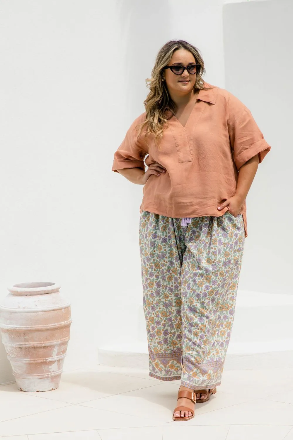 Wide Leg Relaxed Fit Pants - Mauve Floral Border