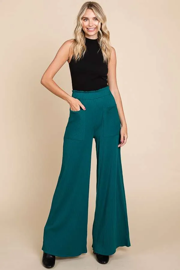 Wide Leg Ribbed Pants with Ruching and Frill Details