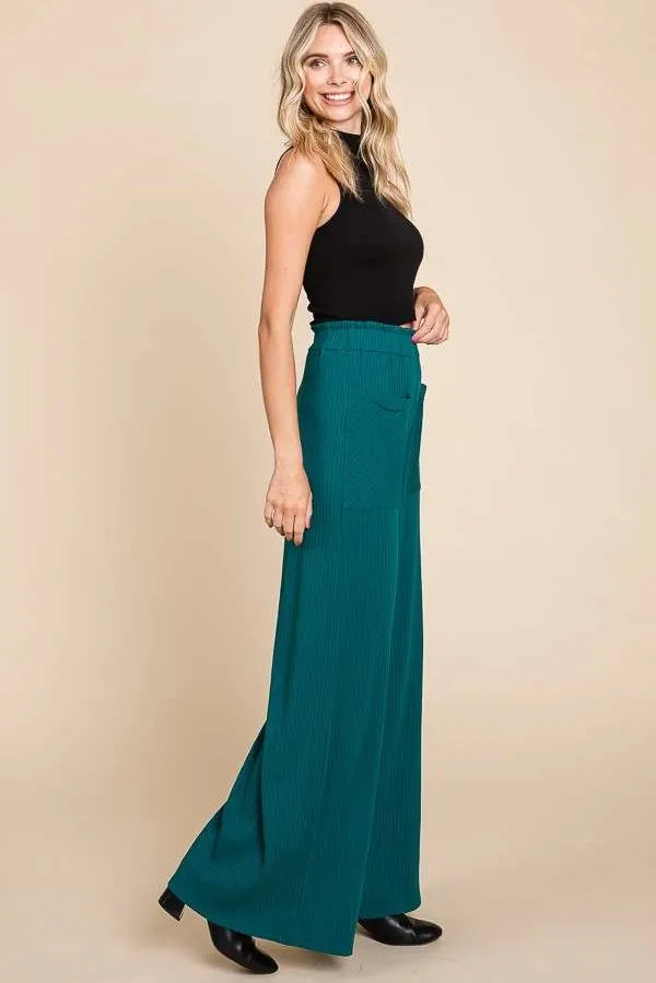 Wide Leg Ribbed Pants with Ruching and Frill Details