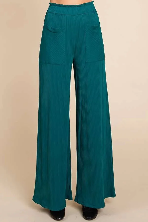 Wide Leg Ribbed Pants with Ruching and Frill Details