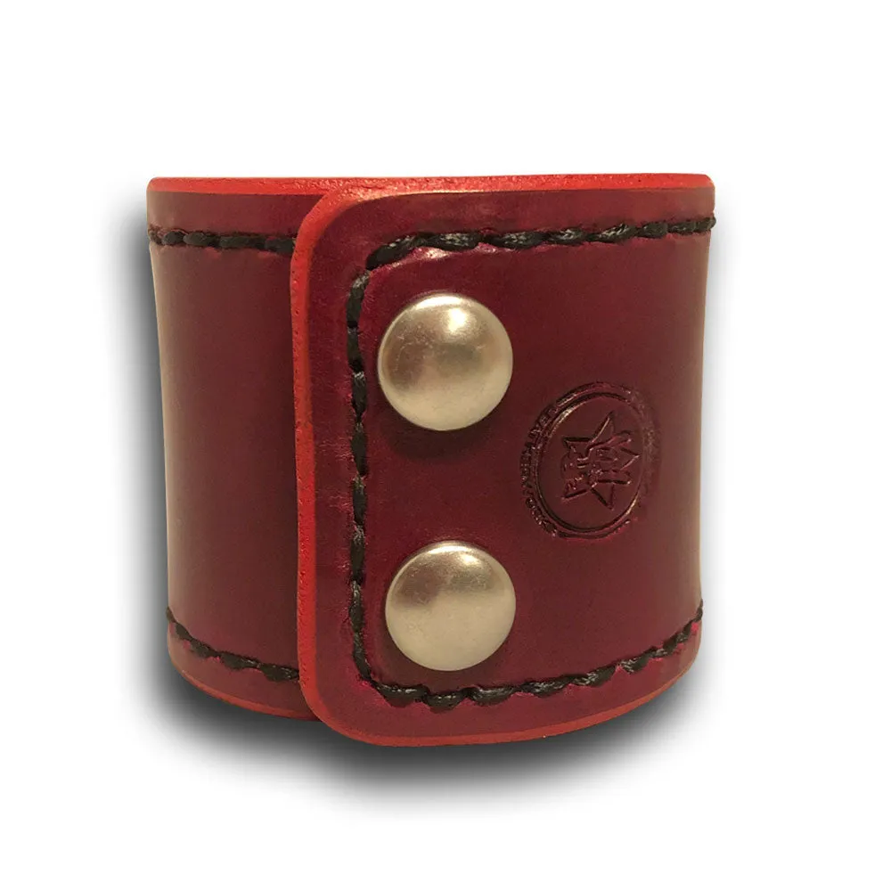 Wide Oxblood Leather Cuff Wristband with Stitching & Snaps