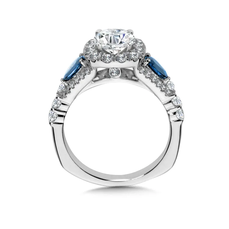 Wide Pear-Cut Sapphire & Cushion-Shaped Diamond Halo Engagement Ring w/ Surprise Diamond