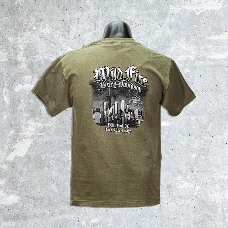 Wild Fire Harley Davidson- Olive Green T-Shirt with Orange Bar and Shield