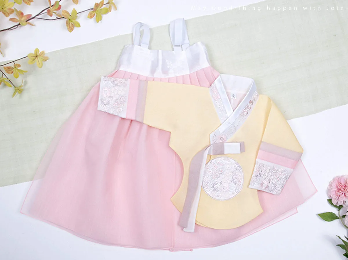 Wild Flower Baby Girl Hanbok in Yellow & Light Pink