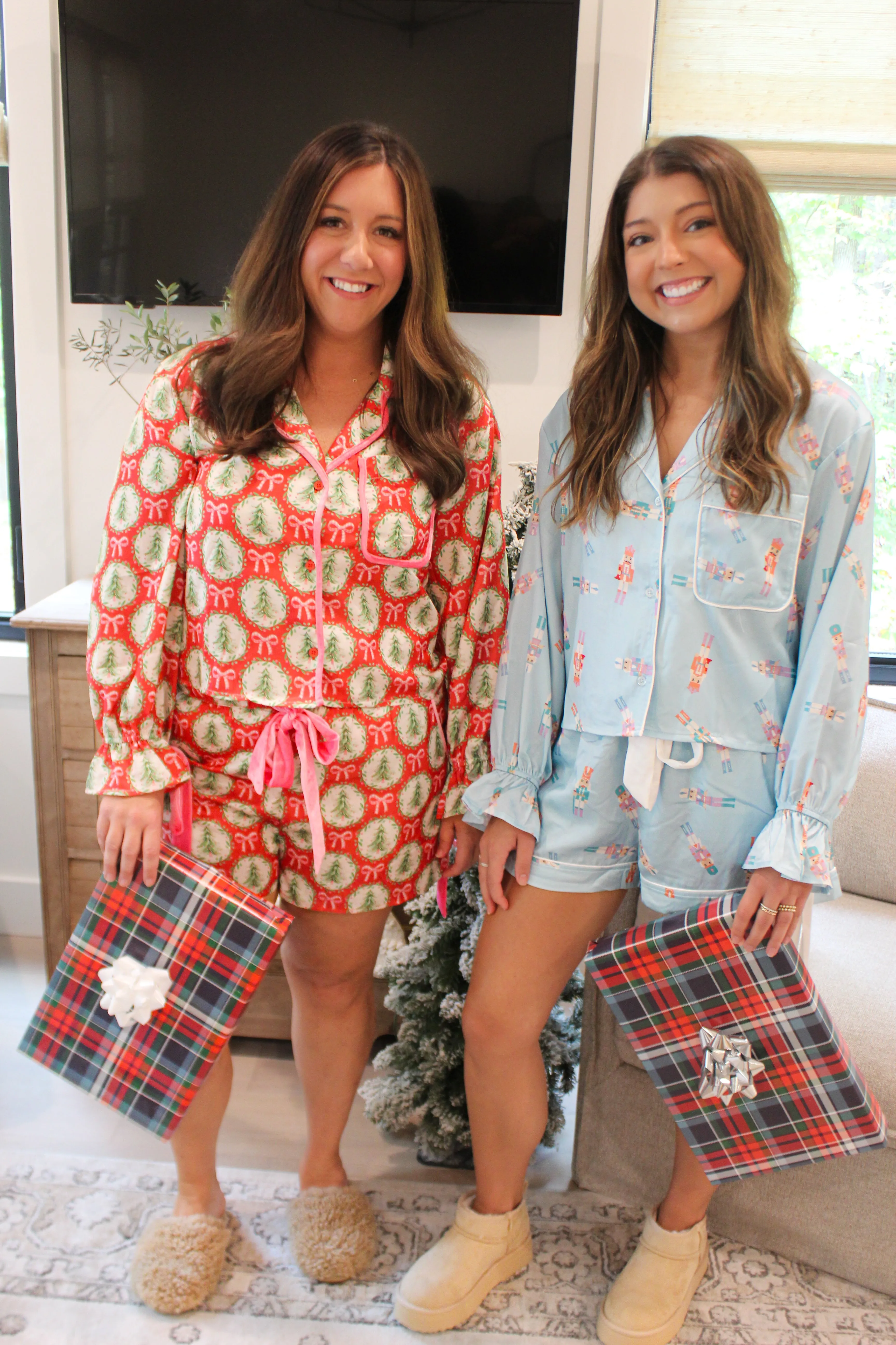 Wild Indigo - Sleigh Bells Ring Satin Christmas Tree & Bow Prints Pajama Set