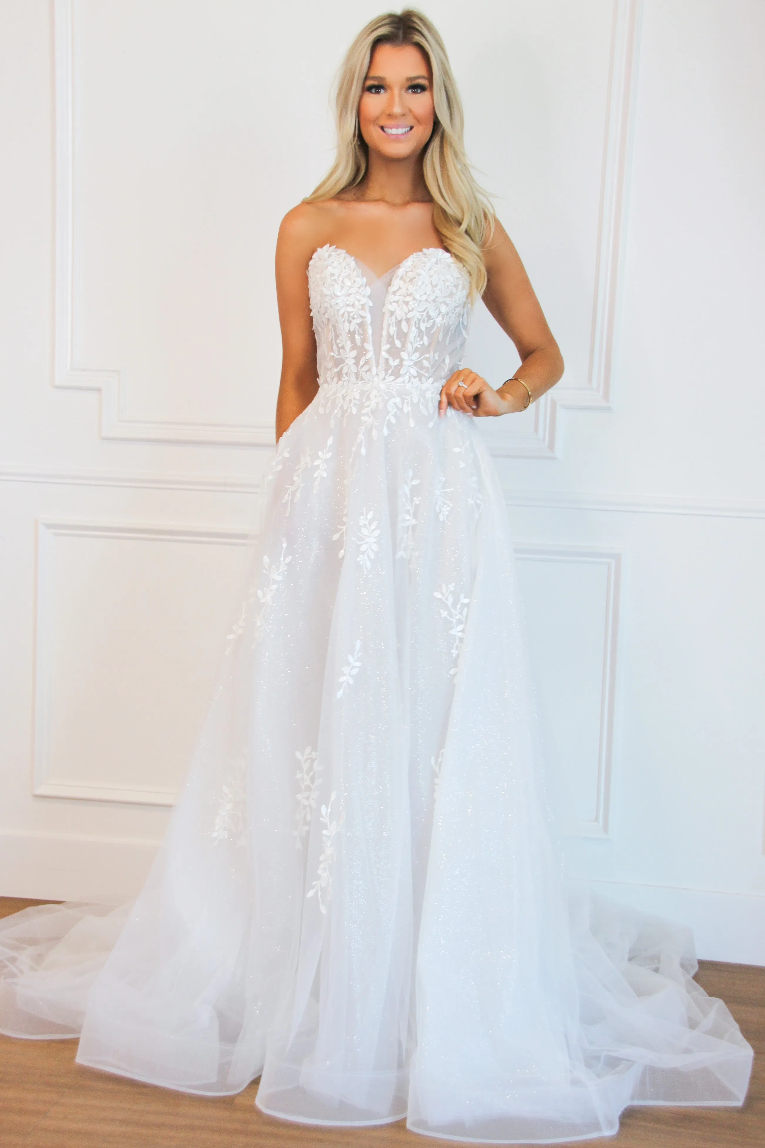 Willow Lace Sparkly Off Shoulder Wedding Dress: Off White