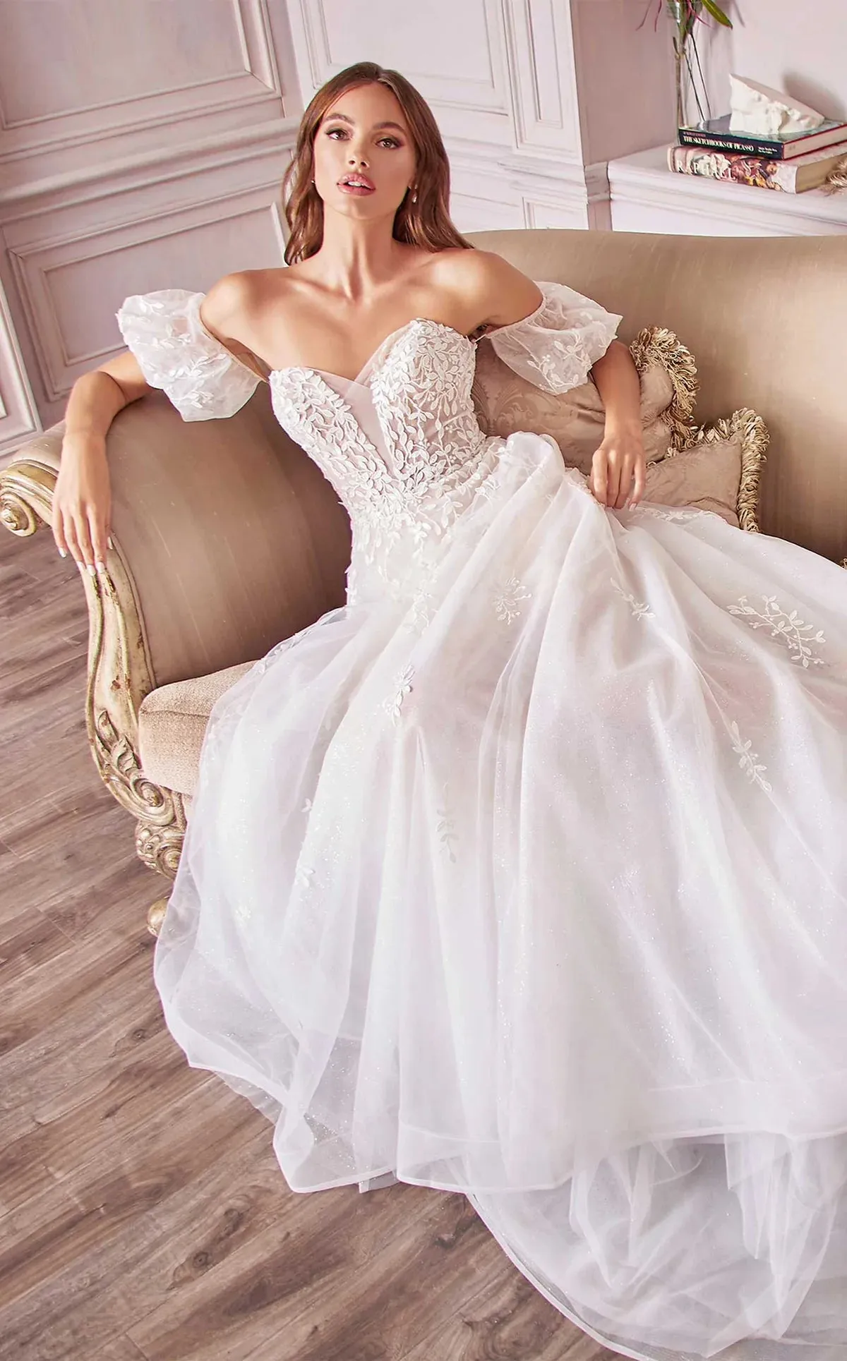 Willow Lace Sparkly Off Shoulder Wedding Dress: Off White