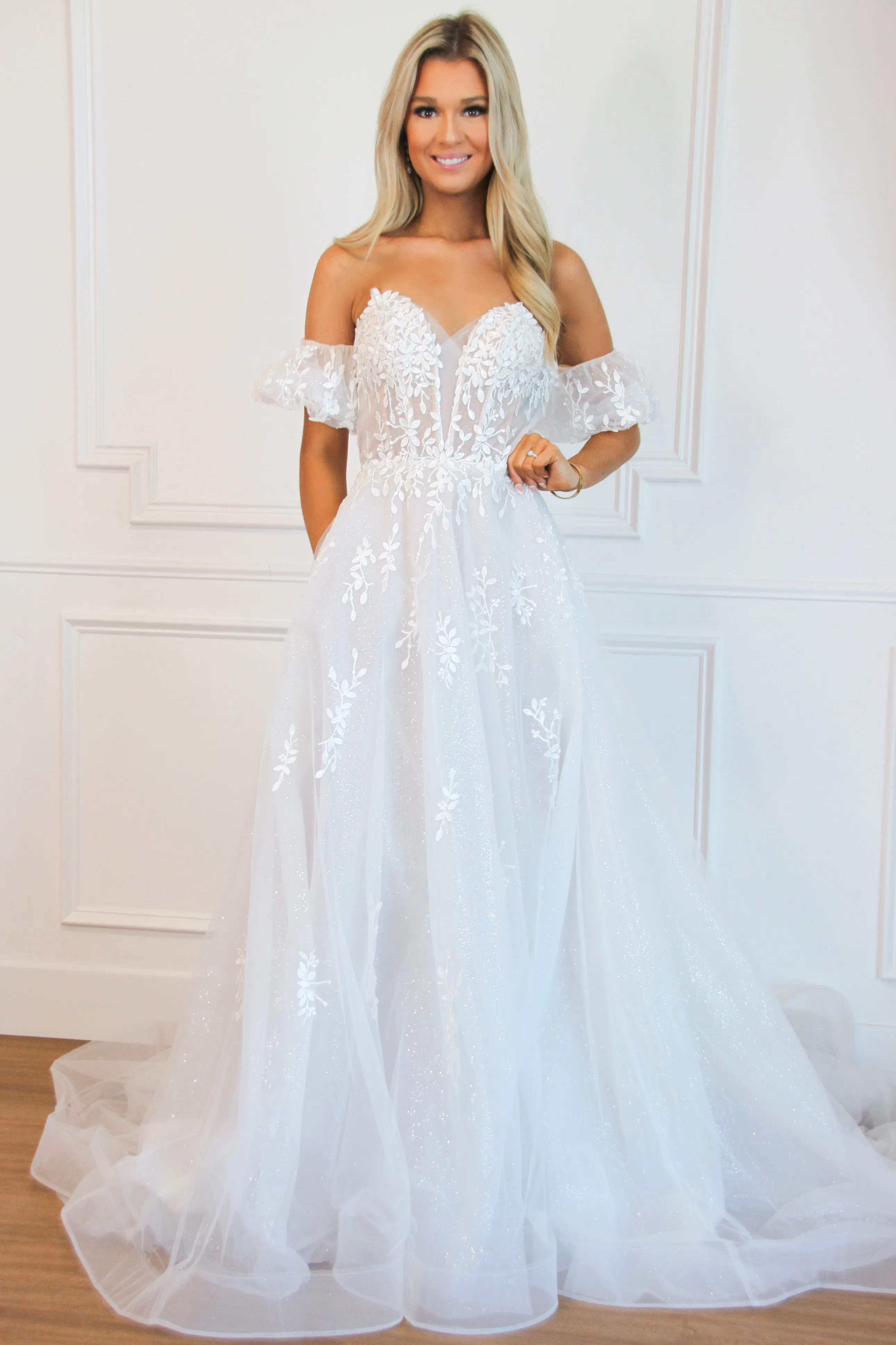 Willow Lace Sparkly Off Shoulder Wedding Dress: Off White