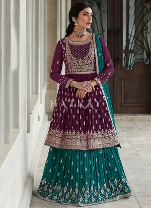 Wine And Green Embroidery Peplum Anarkali Lehenga