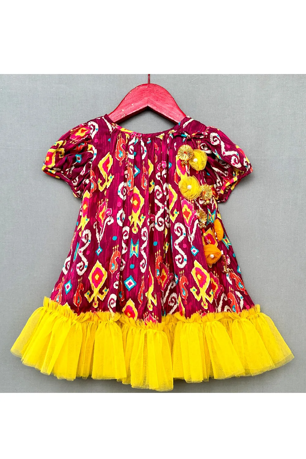 Wine And Yellow Printed Muslin Frill Dress