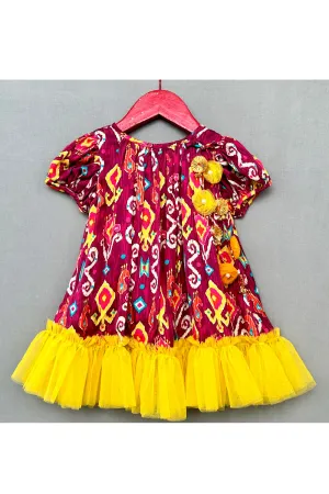 Wine And Yellow Printed Muslin Frill Dress