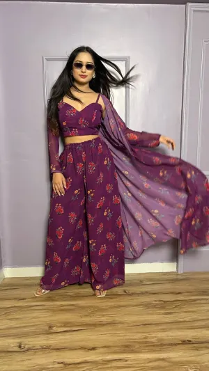 Wine Color Modern Digital Print Georgette Indo-Western Set