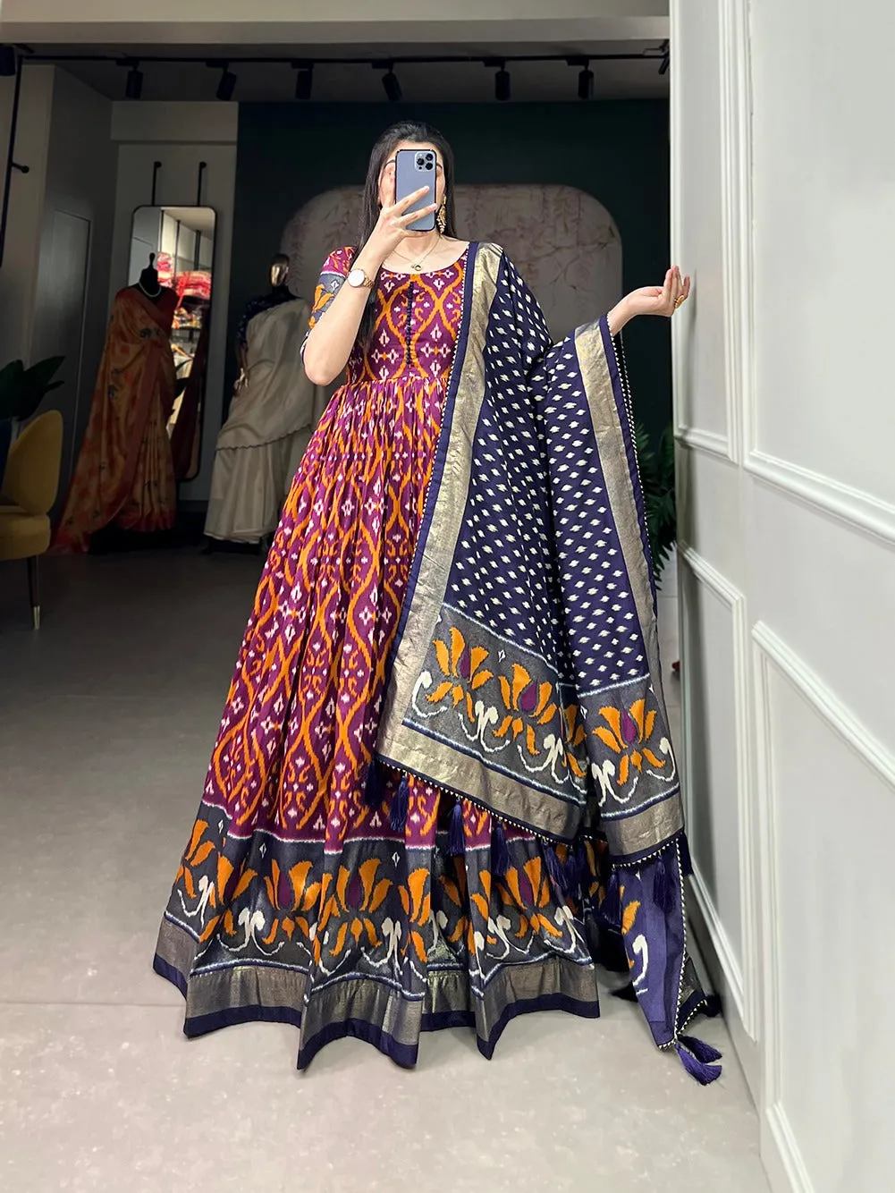 Wine Color Patola Print Gown with Foil Detailing and Tussar Silk Elegance