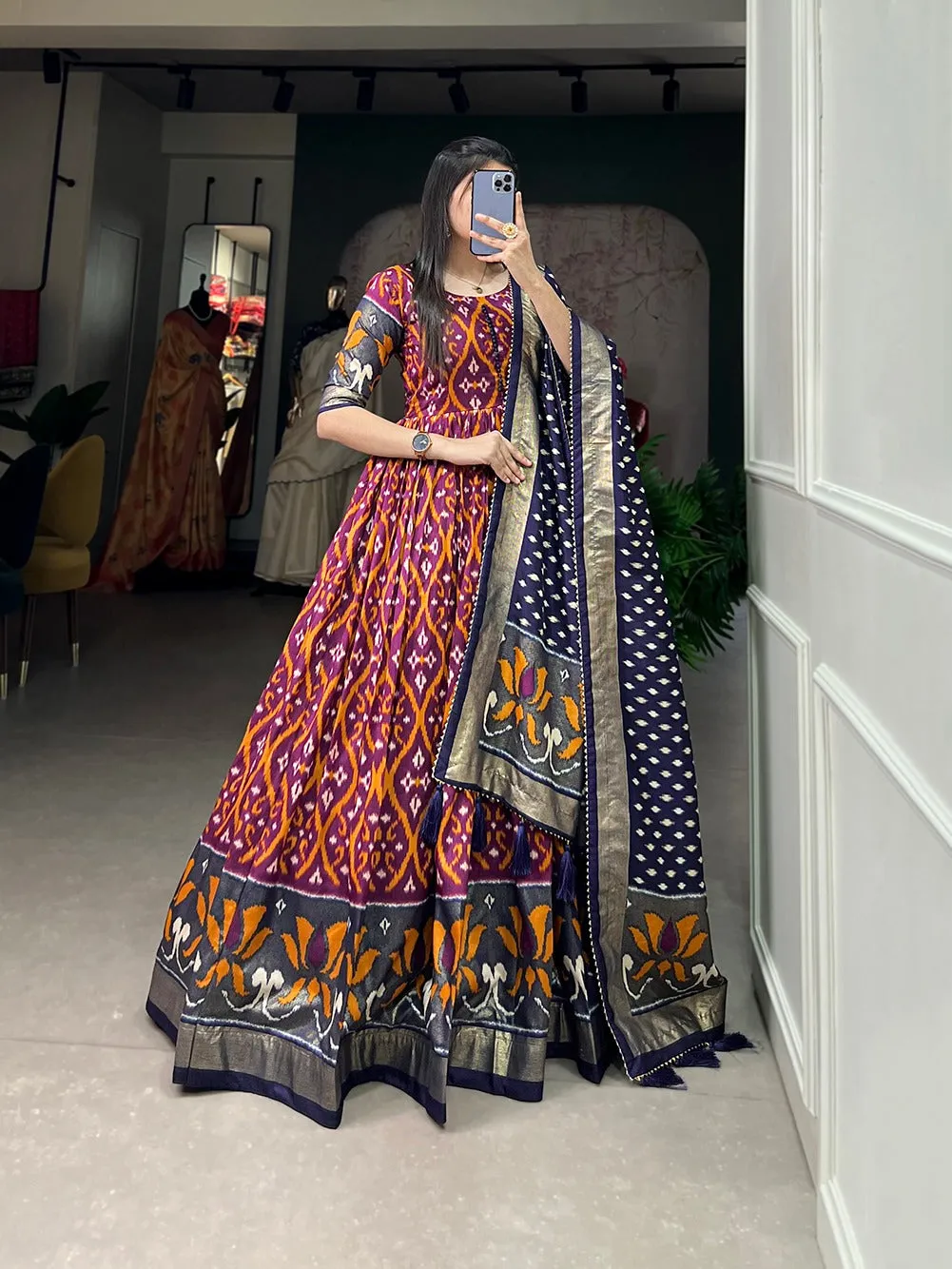 Wine Color Patola Print Gown with Foil Detailing and Tussar Silk Elegance