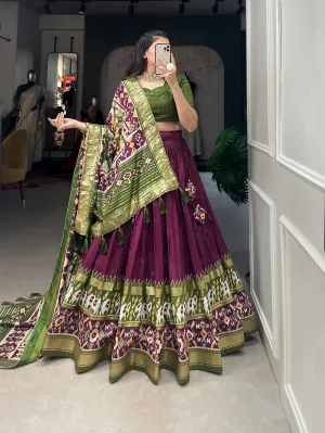 Wine Color Patola Print With Foil Work Tussar Silk Lehenga Choli