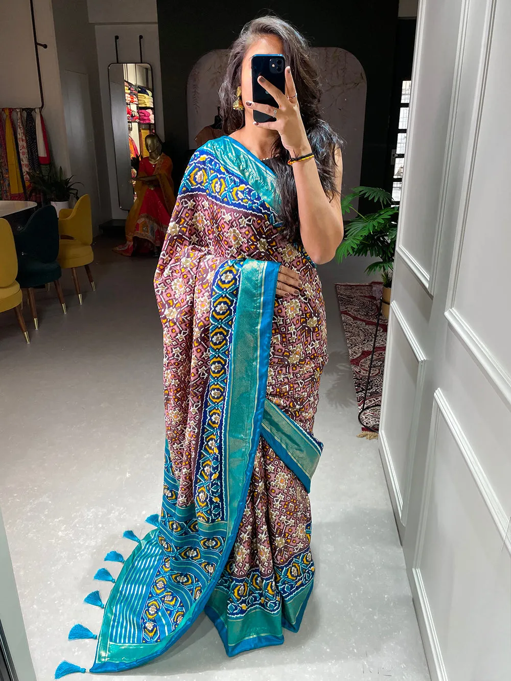 Wine Color Patola Printed Dola Silk Saree