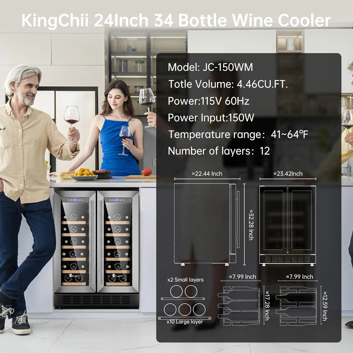 Wine Cooler Refrigerator Professional Compressor, Stainless Steel & Tempered Glass