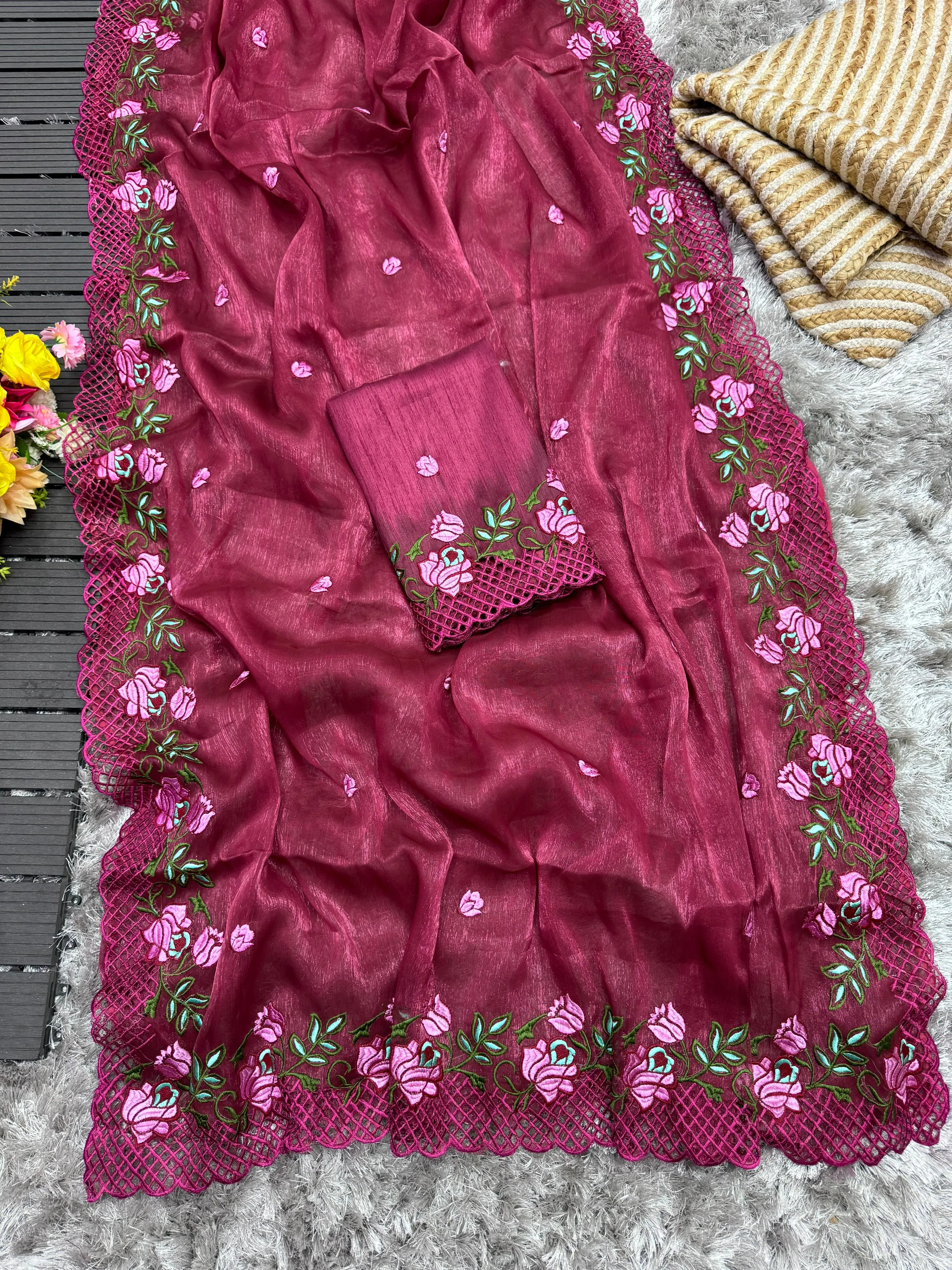 Wine Crush Silk Saree with Intricate Floral Embroidery & Matching Blouse