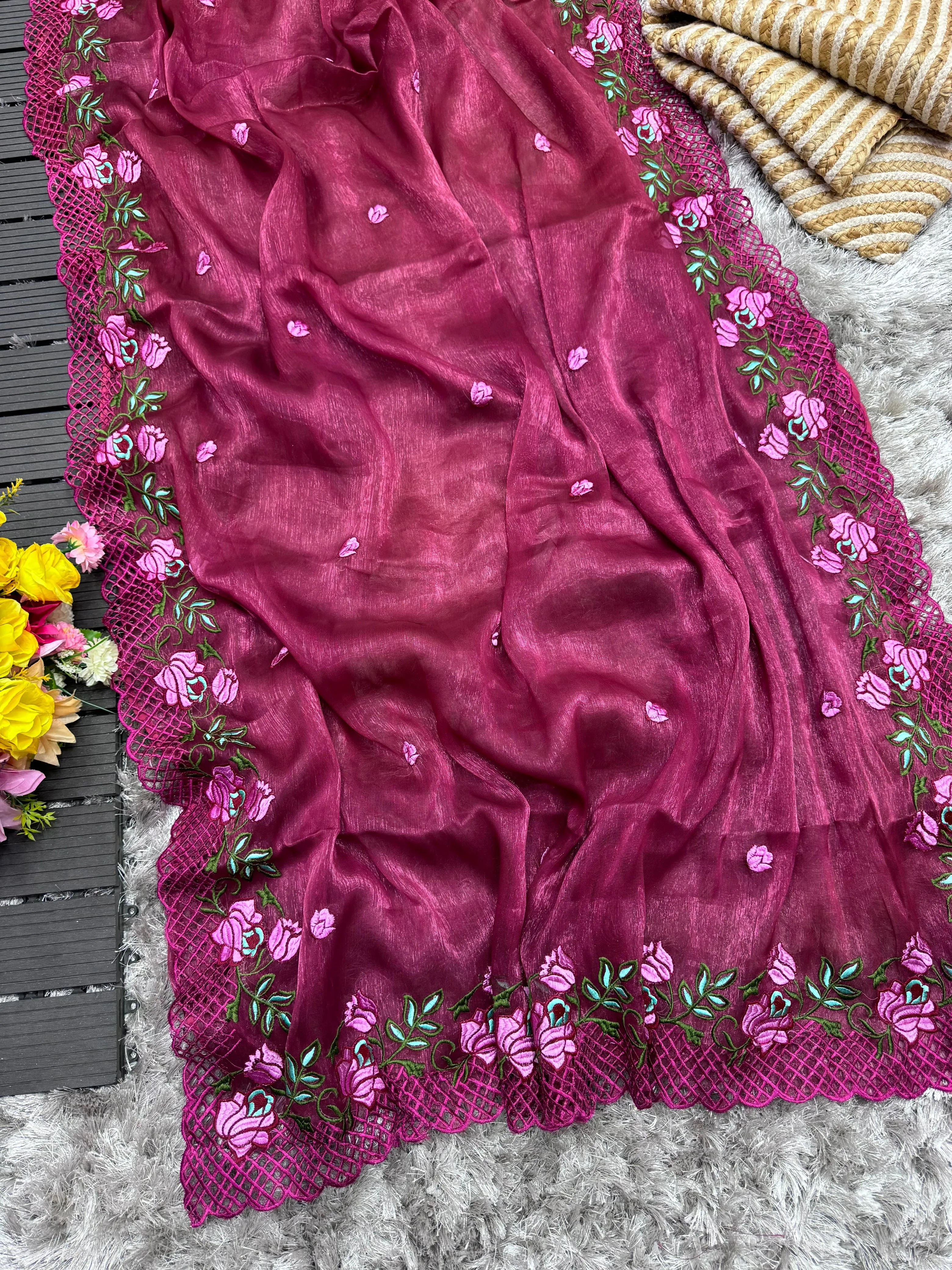 Wine Crush Silk Saree with Intricate Floral Embroidery & Matching Blouse