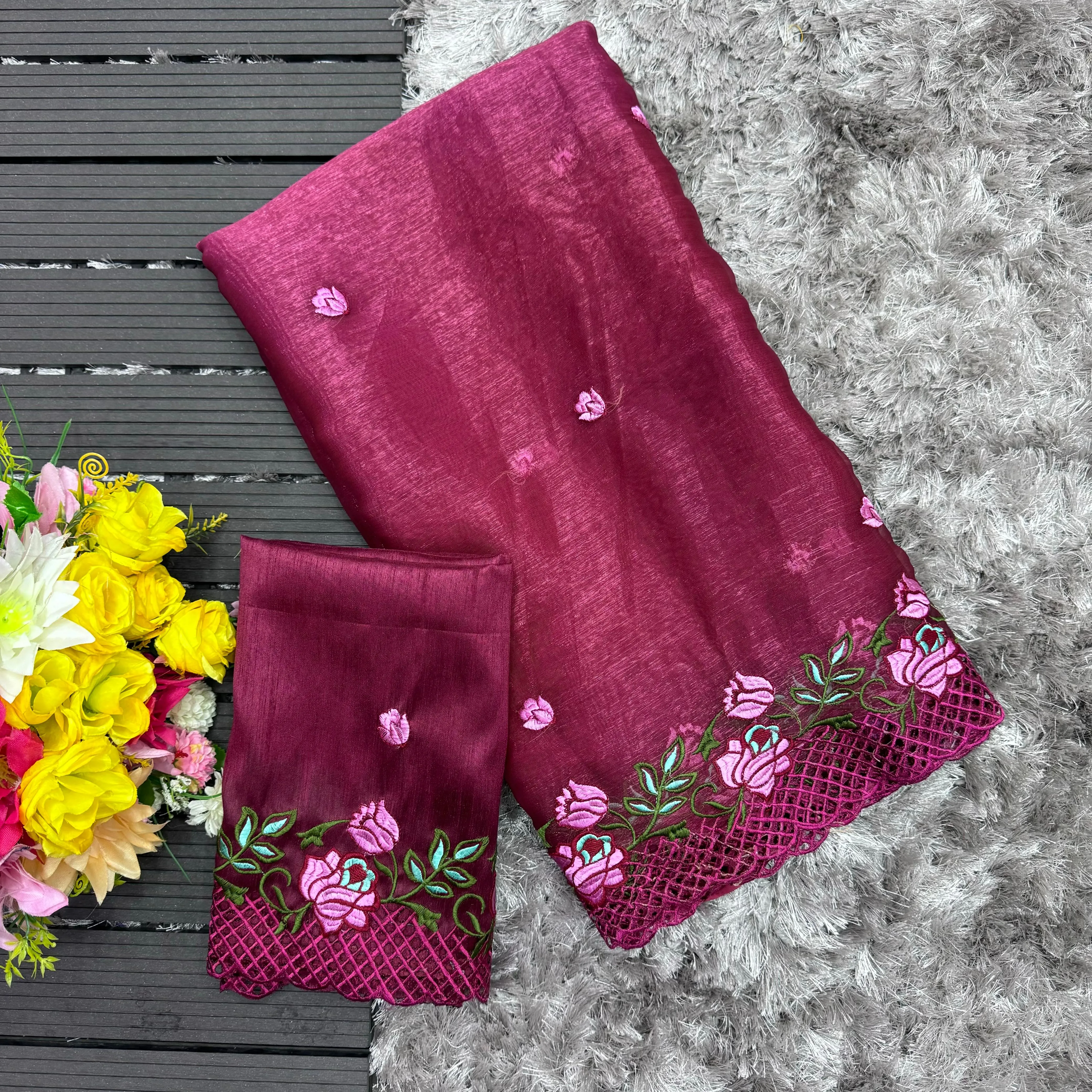 Wine Crush Silk Saree with Intricate Floral Embroidery & Matching Blouse