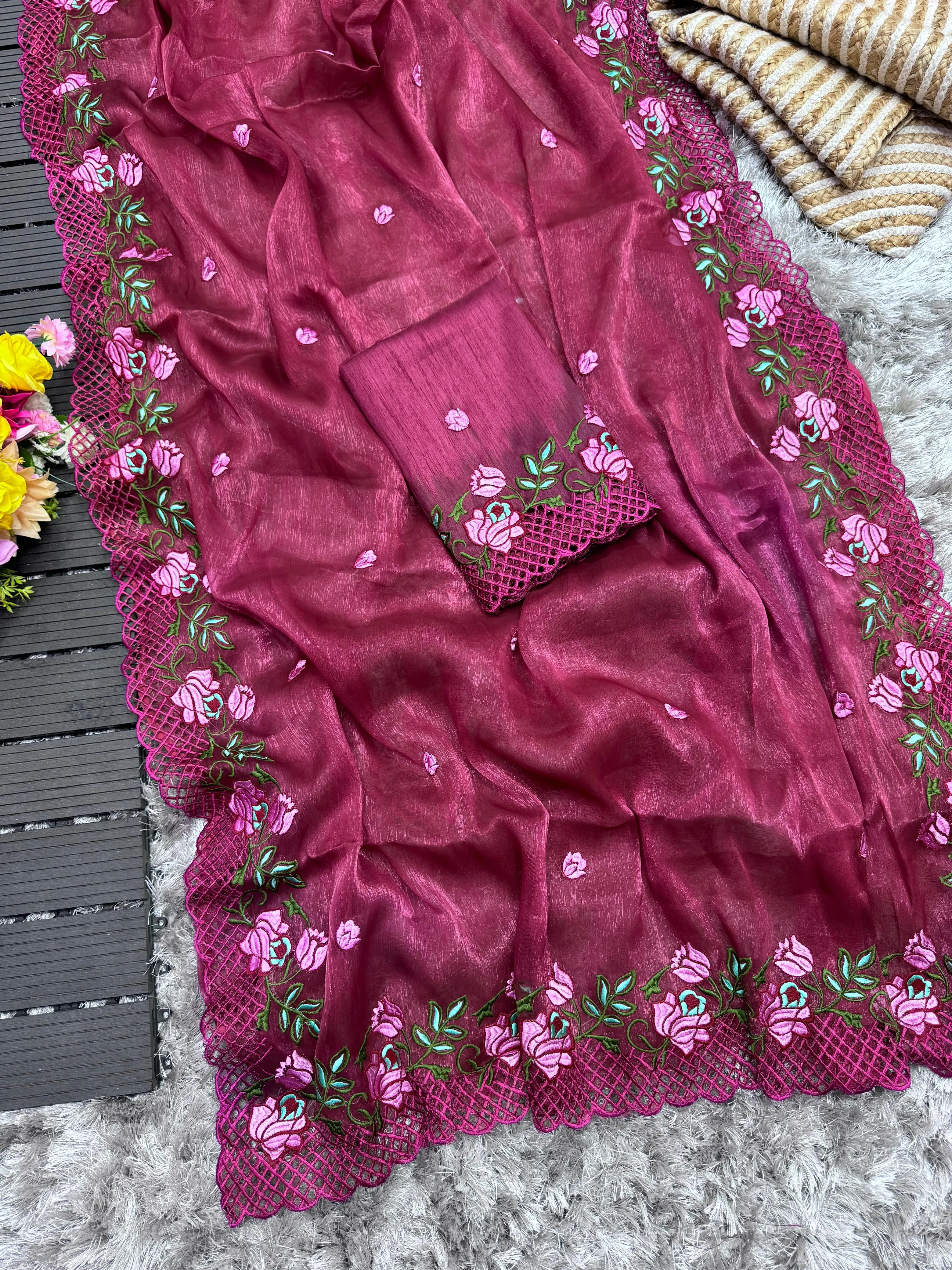 Wine Crush Silk Saree with Intricate Floral Embroidery & Matching Blouse