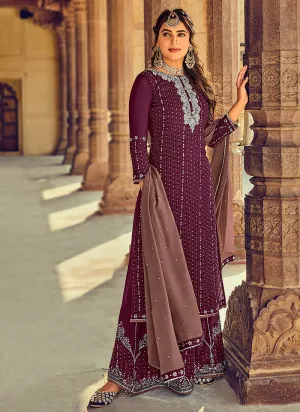 Wine Embroidered Ethnic Palazzo Suit