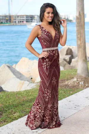 Wine Embroidered Maxi Dress with Tulle Back