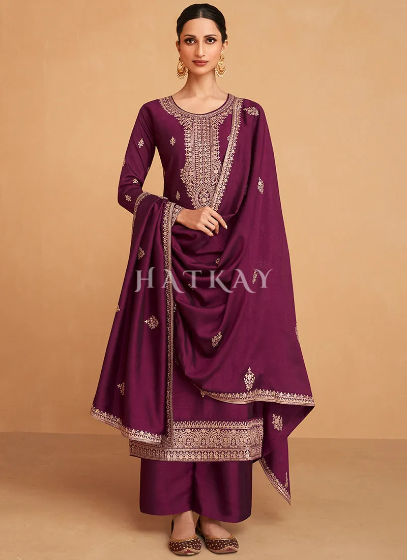 Wine Embroidery Silk Salwar Kameez