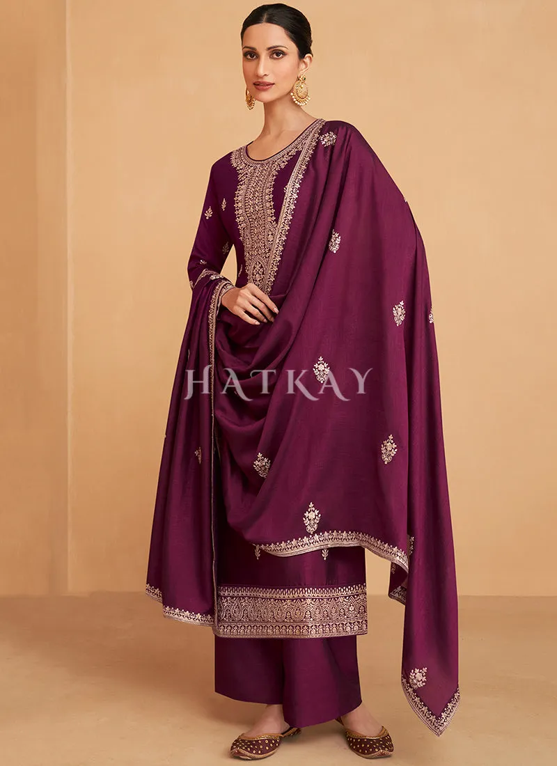 Wine Embroidery Silk Salwar Kameez