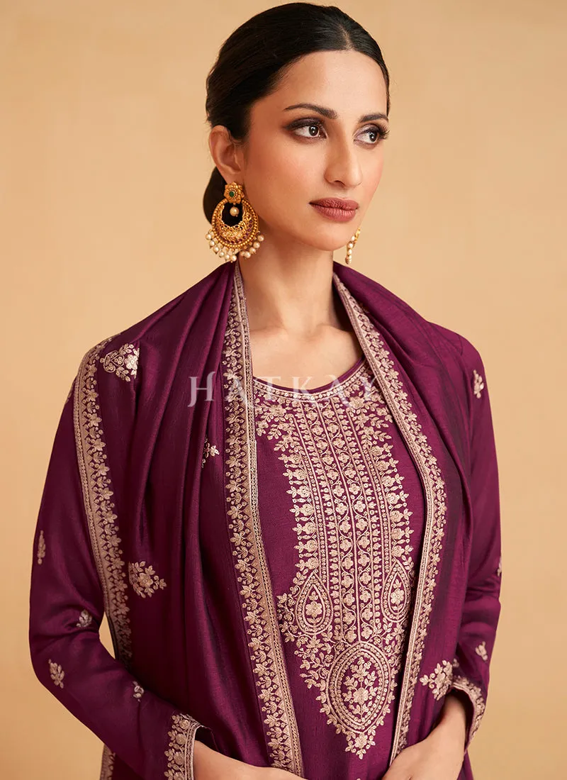 Wine Embroidery Silk Salwar Kameez