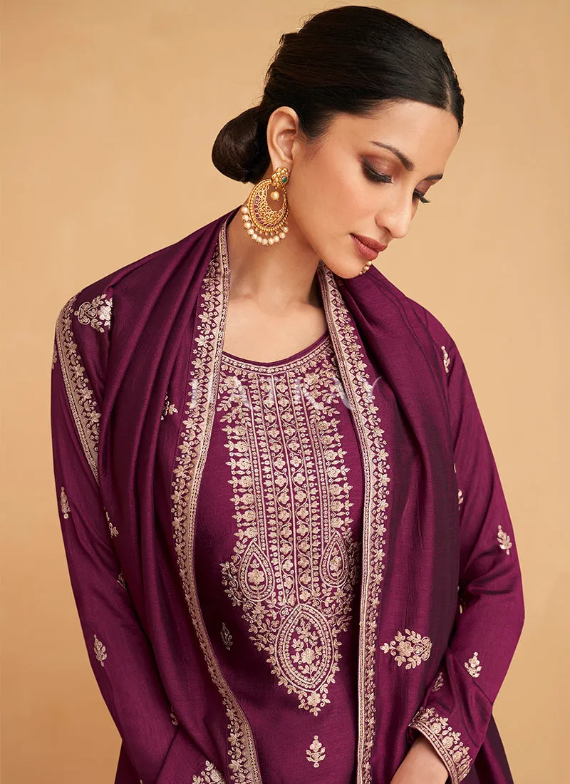 Wine Embroidery Silk Salwar Kameez