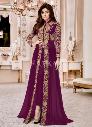 Wine Ethnic Embroidered Designer Slit Style Anarkali Pant Suit