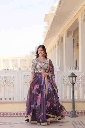 Wine Exquisite Women's Fully Flaired Lehenga Set in Digital Printed Russian Silk with Sequins Embroidery