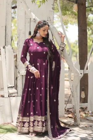 Wine Faux Blooming Gown with Sequins Embroidery and Dupatta