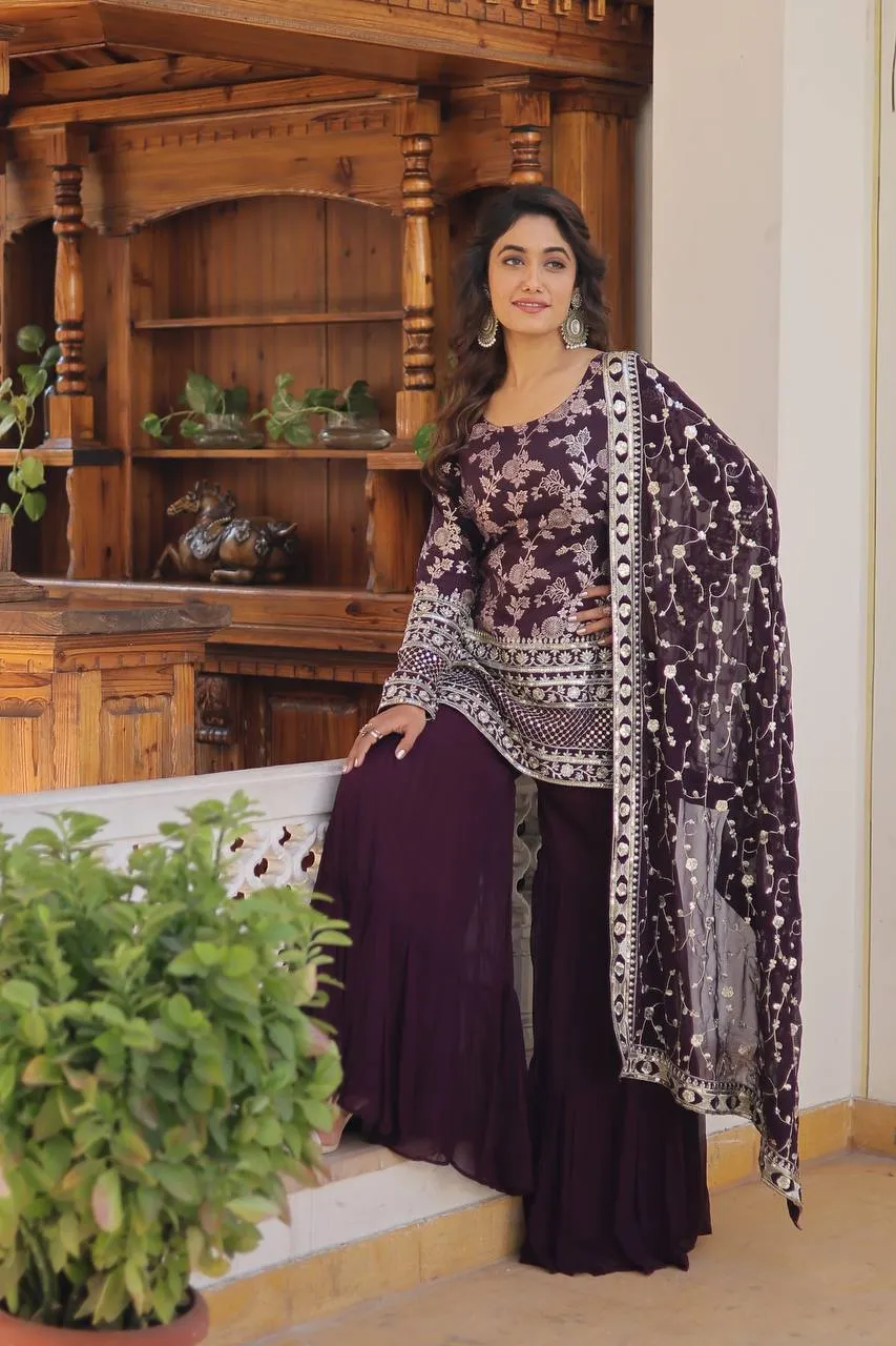 Wine Faux Blooming Sequins & Zari Embroidered Readymade Gharara Suit Set