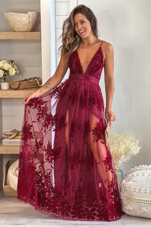 Wine Floral Tulle Maxi Dress