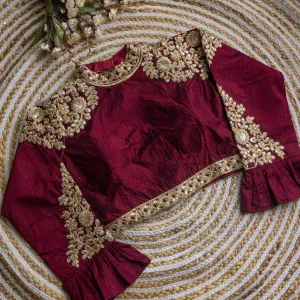 Wine Golden Sequence Embroidered Blouse in glossy silk