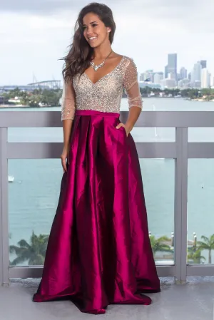 Wine Jeweled Top Maxi Dress with Pockets