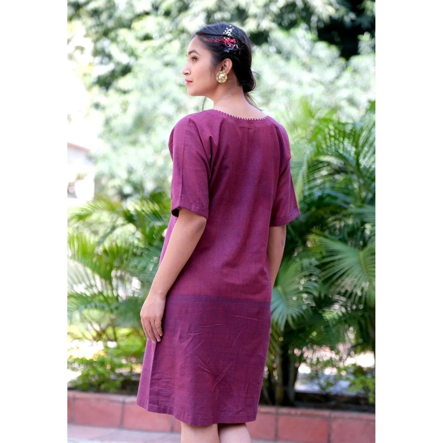 Wine khadi Chikankari Cotton Dress