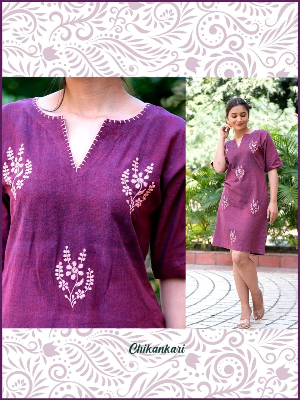 Wine khadi Chikankari Cotton Dress