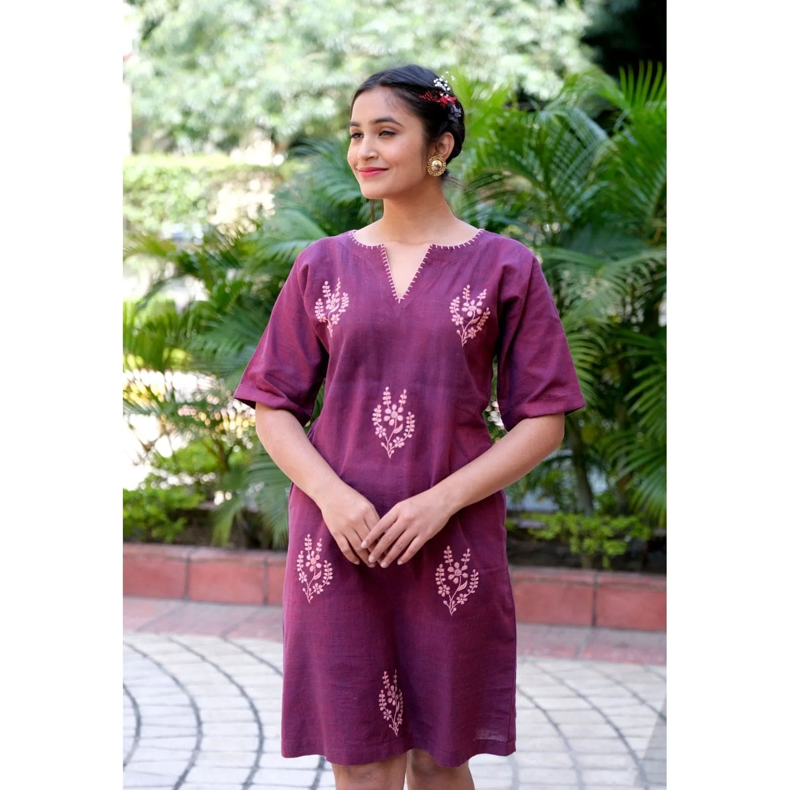 Wine khadi Chikankari Cotton Dress