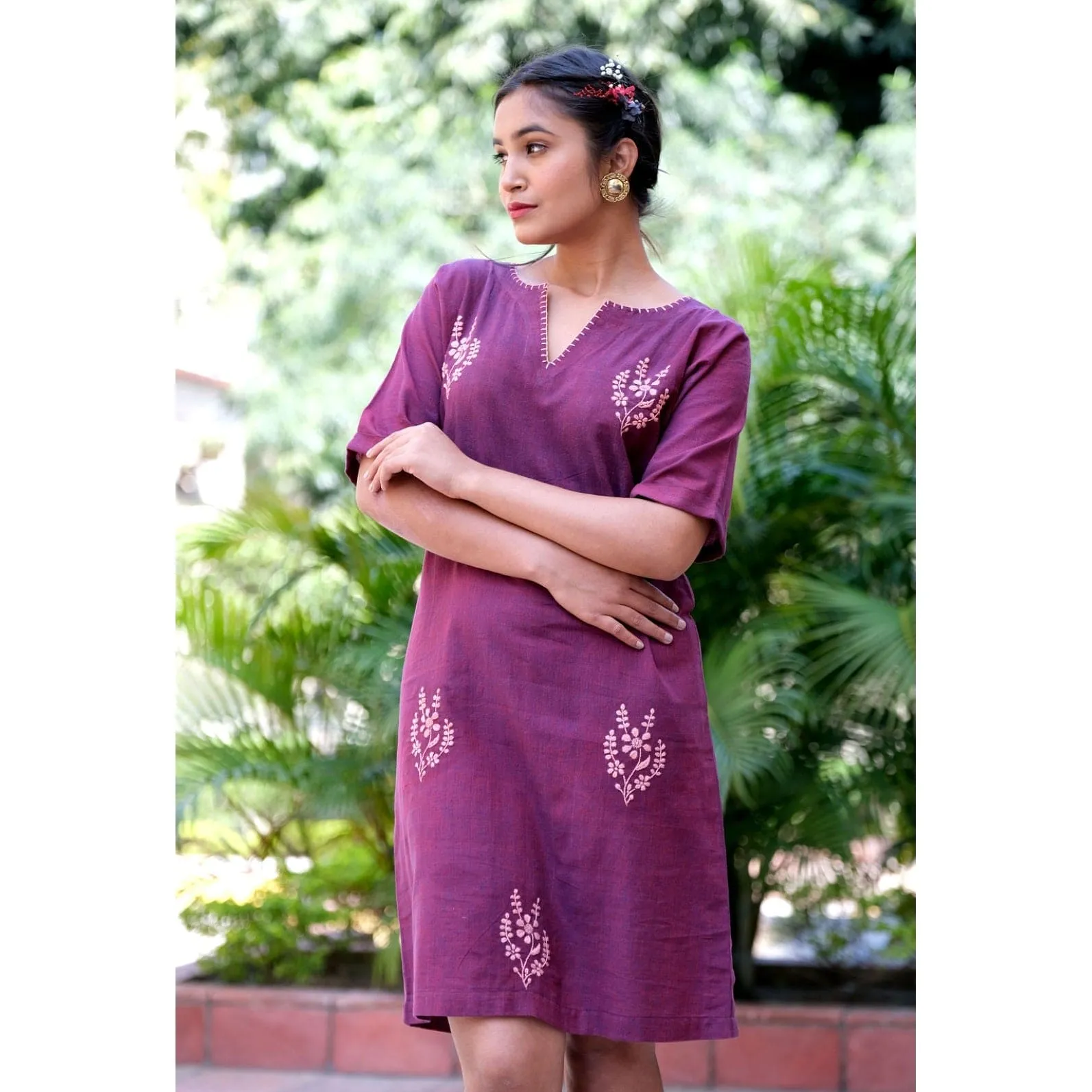 Wine khadi Chikankari Cotton Dress