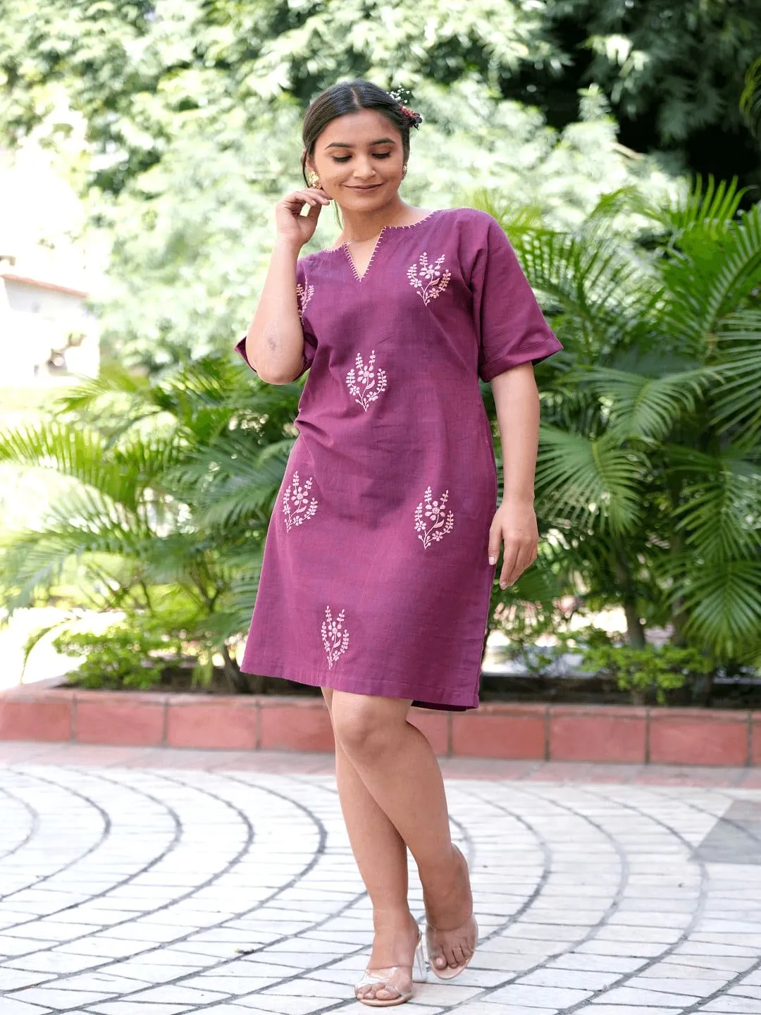 Wine khadi Chikankari Cotton Dress