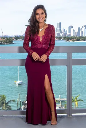 Wine Long Sleeve Maxi Dress