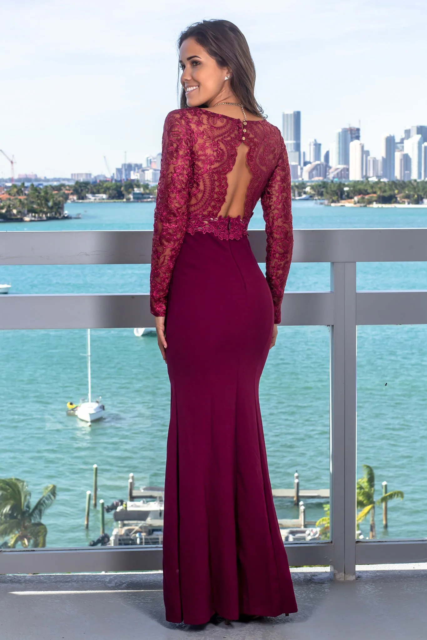 Wine Long Sleeve Maxi Dress