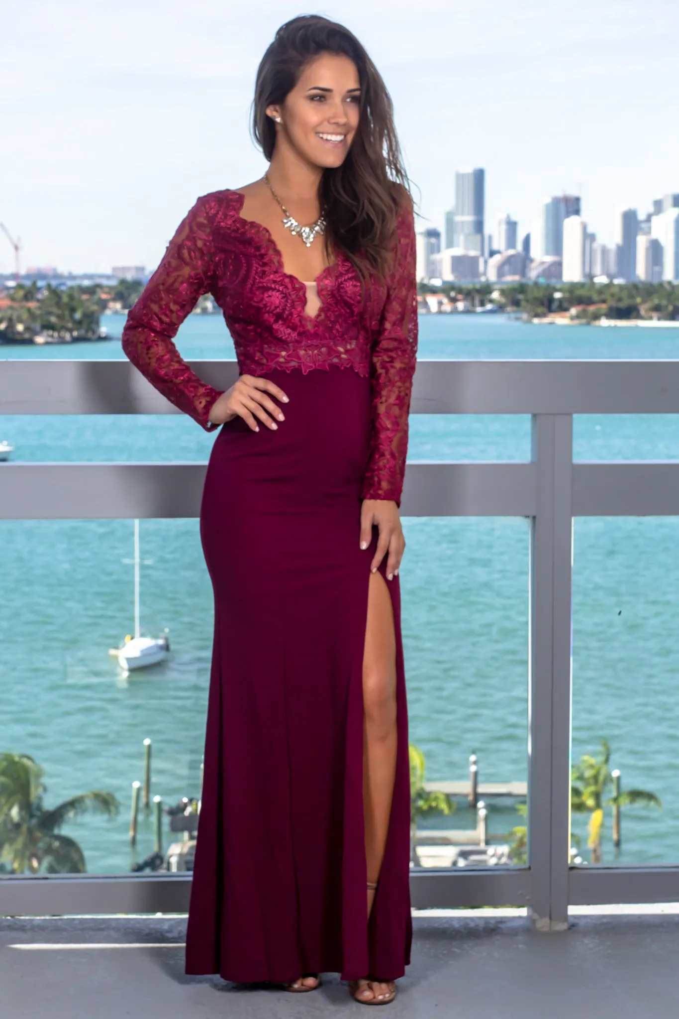 Wine Long Sleeve Maxi Dress